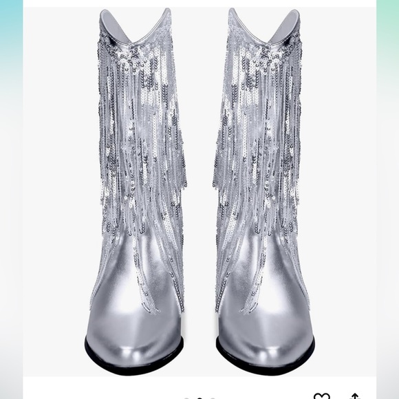 *NEW* TAYLOR SWIFT INSPIRED SILVER SEQUIN FRINGED COWBOY BOOTS 9.5 - Picture 4 of 9